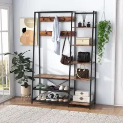 Tangkula Hall Tree with Storage Bench 5-in-1 Freestanding Coat Rack w/ 9 Hooks 5 Side Shelves 2 Mesh Shoe shelves