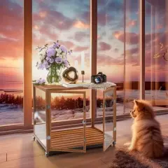 Artloge Modern Extra Large Heavy Duty Dog Crate Tempered Glass Brown Pet Cage with Anti-Rust Aluminum Frame Lockable Casters & Spacious Interior,L