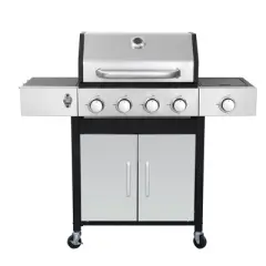 Dolonm 4+1 Burner Grill w/Dual Frying Plates, 46,790BTU, Enamel Cast Iron Grids & Lockable Casters