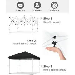 10x10 Pop Up Canopy, Outdoor Tent with Portable Roller Bag & One Button Push Setup, 3 Adjustable Height 4 Weight Bags 8 Stakes 4 Guy Ropes