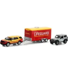 2016 Ford Explorer Yellow & Red w/2013 Jeep Wrangler Rubicon Gray & Hauler "Baywatch" 2017 1/64 Diecast Model Cars by Greenlight