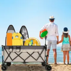 FURNIinspire Outdoor Serving Carts Heavy Duty Foldable Utility Wagon 480lbs Capacity Patented Ultra-Stable Frame, Khaki, 50.39"*25.98"*44.88"