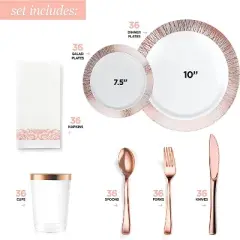 Chateau Fine Tableware 252-Piece Rose Gold Plates, Napkins, Party Supplies, Dinnerware For Adults (36 Sets)