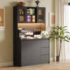 70" Pantry Cabinet with Charging Station, Tall Kitchen Pantry Storage Cabinet with Led Lights