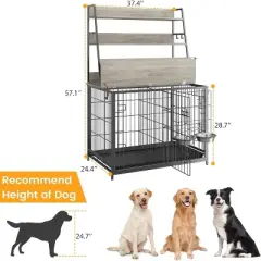 Dog Crate Furniture, 57" Indoor Dog Kennel with Storage Shelves, Divider, Adjustable Feeding Bowls & Removable Tray