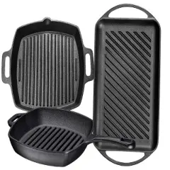 Bruntmor Pre Seasoned Cast Iron 3 Piece Grill Bundle Gift Set, Black Set of 3