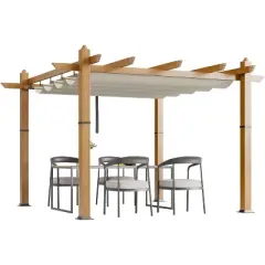10x10ft Outdoor Aluminum Pergola Retractable UPF50+ Waterproof Canopy, Wood Grain Frame, Tool-Free Assembly, Off-White Curtains