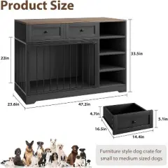 Dog Crate, Wooden Dog Kennel End Table with 2 Drawers and 4 Open Storage Shelves, Removable Bowls