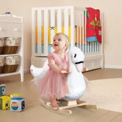 Qaba Kids Ride On Rocking Horse Plush Swan Style Toy with Music for Over 18 Months Children, White and Pink