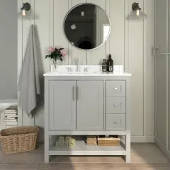 Emma and Oliver Bathroom Vanity, Single Sink Cabinet with 2 Soft Close Doors, Open Shelf and 3 Drawers, Carrara Marble Finish Countertop