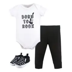 Little Treasure Baby Boy Cotton Bodysuit, Pant and Shoe 3pc Set, Born To Rock