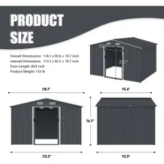 Outdoor Storage Shed 8 x 10 FT Tool Sheds, Heavy Duty Storage House with Sliding Doors with Air Vent for Backyard Patio Lawn to Store Bikes,Grey