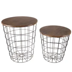 Hastings Home Wire and Wood Nesting End Tables With Storage, Brown, Set of 2