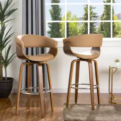 Set of 2 Mid-century Modern Walnut Bentwood Swivel Barstools - Glitzhome