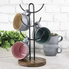 Enlea Coffee Mug Tree for Counter - Holds 6 Mugs - Farmhouse Kitchen Countertop Coffee Cup Holder