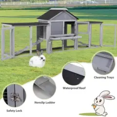 Sandinrayli 82.5in Wooden Rabbit Hutch - Outdoor/Indoor Easy-Assemble & Durable Hutch w/Cleaning Tray, Waterproof Roof for Small/Medium Bunnies (Gray)