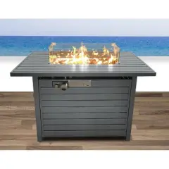 11'' H x 42'' L Steel Propane Outdoor Fire Pit Table with Lid, Modern Slatted Design for Patio, Backyard, and Outdoor Gatherings