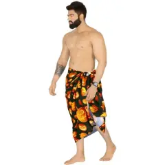 HAPPY BAY Men's Pareo Allover Halloween Costumes Scary Pumpkin Swim Trunks Swimwear Cover Up Beach Wrap Summer Sarong for Men One Size Orange, Pumpkin
