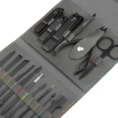 Unique Bargains Stainless Steel Pedicure Nail Clippers Scissors Tool Set for Men Women Black with Gray PU Leather 16pcs