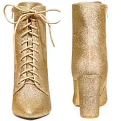 Perphy Women's Glitter Pointed Toe Block Heel Ankle Boots
