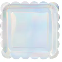 Sparkle and Bash 48 Pack Holographic Silver Foil Square Disposable Paper Plates, Scalloped Edge 9 In