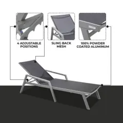 LeisureMod Marlin Modern Patio Sling Chaise Lounge Chair with Arms in Grey Aluminum &ndash; Outdoor Patio, Poolside, Balcony, Garden, Deck Seating