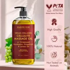 Majestic Pure Vegan Collagen Cellulite Massage Oil with Stem Cells for Skin Tightening - 8 Fl Oz