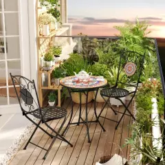 Christopher Knight Home Priscilla 3 Pieces Outdoor Ceramic Tile and Iron Foldable Bistro Set, Black/Red