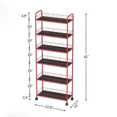 FONTOI Baker's Racks, 6 Tier Shelving Unit, Slim Rolling Storage Cart with 6 Baskets, Mobile Rack for Garage Kitchen Office, Red, 10"*61"*22.8"