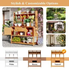 Outdoor Potting Bench with Hutch, Wood Garden Workstation, Plotting Bench with Drawer and Adjustable Shelves and Cabinets-Coolbibila