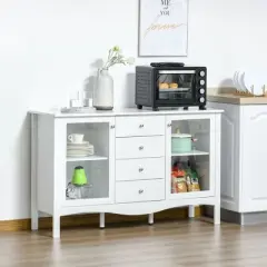 HOMCOM Modern Sideboard, Serving Buffet Cabinet, Cupboard with Glass Doors, Drawers and Adjustable Shelves for Living Room, White