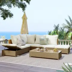 3 PCS Outdoor Rattan Patio Sectional Sofa Set with Adjustable Chaise Lounge Frame and Tempered Glass Table-ModernLuxe