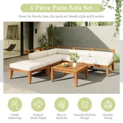 FIONECA 6-Piece Acacia Wood Patio Sofa Set, L-Shaped Modular Sectional with Daybed, Tea Table & Cushions, Teak + Beige