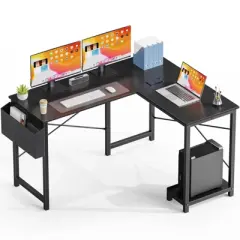 IULULU L Shaped Computer Desk Wood Corner PC Gaming Table with Side Storage Bag