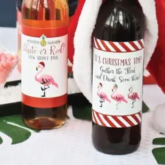 Big Dot of Happiness Flamingle Bells - Tropical Flamingo Christmas Decorations for Women and Men - Wine Bottle Label Stickers - Set of 4