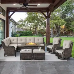 POCASSY 7-piece outdoor furniture set with fire pit table, brown wicker outdoor living set with patio sectional sofa, swivel chair