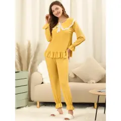 Allegra K Women's Sleepwear Lounge Peter Pan Collar Long Sleeve Ruffle Pajama Set