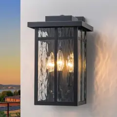 C Cattleya 13.5" 3-Light Matte Black Outdoor Hardwired Wall Lantern Sconces with Water Ripple Glass