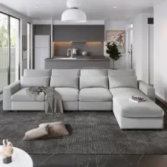 Modern Large L-Shape Feather Filled Sectional Sofa, Convertible Sofa Couch with Reversible Chaise for Living Room