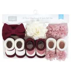 Hudson Baby Infant Girl Headband and Socks Giftset, Burgundy Blush, One Size