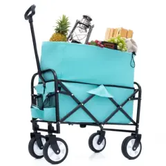 DSVIMOY Multi-use Bag Collapsible Foldable Wagon Cart, Beach Wagon Grocery Cart with Liner Bag and Cover, Blue, 25.98"*17.32"*37.4"