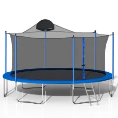 BestParts 14FT Outdoor Trampoline with Basketball Hoop & Safety Net &ndash; Double-Sided Blue & Green Pad