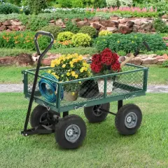 FDW Outdoor Utility Wagon Heavy Duty Garden Cart Steel Mesh Frame Garden Wagon with Wheels, Green