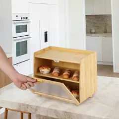 Double Layer Bread Box, Large Capacity Kitchen Counter Storage Container with View Window, Farmhouse Style Bread Keeper