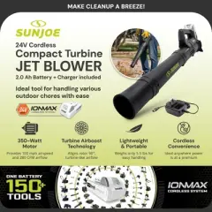 Sun Joe Jet Leaf Blower with Cordless Compact Turbine & Quick Charging, 24V, Green - Battery-Powered Electric Blower for Lawn, Garden, and Yard,