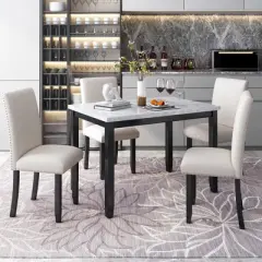 Modernluxe Faux Marble 5-Piece Dining Set Table with 4 Thicken Cushion Dining Chairs Beige+Black