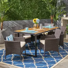 Christopher Knight Home Hartland Outdoor Acacia Wood and Wicker 7 Piece Dining Set with Cushion, Teak/Multibrown