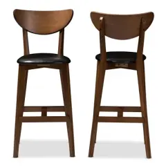 Set of 2 Eline Mid-Century Modern Walnut Finished Wood Faux Leather Upholstered Barstools Black - Baxton Studio