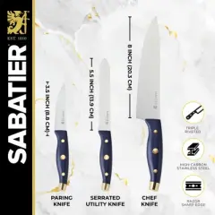 Sabatier 3-Piece Chef Set, Includes 8" Chef Knife, 5.5" Serrated Utility Knife, 3.5" Paring Knife, High-Carbon Stainless Steel Blades & Durable Handle