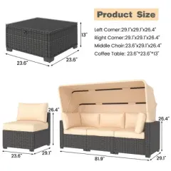 6-Piece Outdoor Daybed Patio Set with Adjustable Backrests, Canopy, PE Wicker Sectional & Tempered Glass Side Table